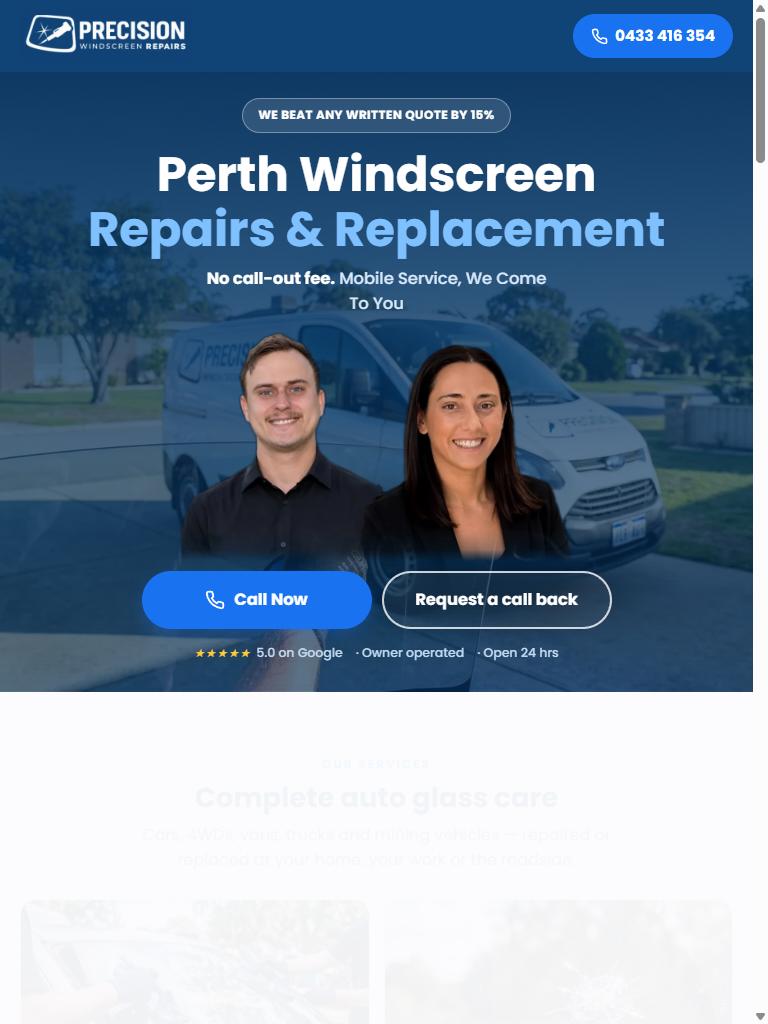 Precision Windscreen Repairs website — Perth